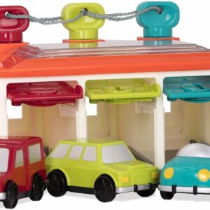 Battat- Garaje clasificación de Forma con Llaves y 3 Coches de Juguete para niños de 2 años + (5 Piezas).