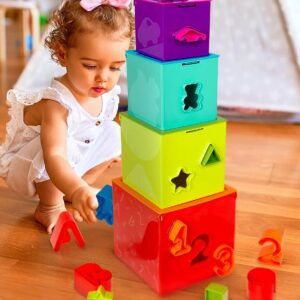Battat – Cajas de clasificación y apilamiento – Cubos de juego para niños pequeños – Teclas de destreza codificadas por colores – Números, letras y formas – Juego de actividades de bloqueo y aprendizaje para niños – 2 años en adelante