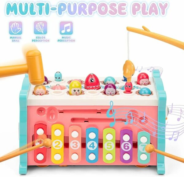 Juguetes Montessori 8 en 1 para niños de 1 año, juguete de martillaje con xilófono, juego de golpear un topo, juego de pesca, juguete de desarrollo de aprendizaje sensorial, regalo de actividades para niños pequeños y niñas de 1, 2, 3, 4 años - Imagen 3