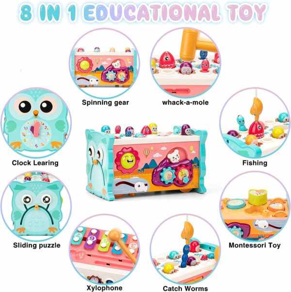 Juguetes Montessori 8 en 1 para niños de 1 año, juguete de martillaje con xilófono, juego de golpear un topo, juego de pesca, juguete de desarrollo de aprendizaje sensorial, regalo de actividades para niños pequeños y niñas de 1, 2, 3, 4 años - Imagen 2