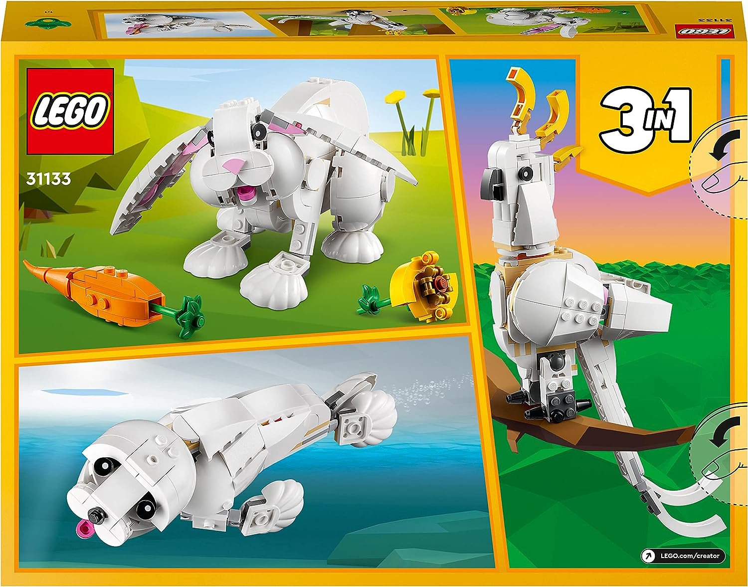 LEGO 31133 Creator 3en1 Conejo Blanco, Juguete de Animales para Construir  con Piezas, Figuras de Conejito, Cacatúa y Foca Blanca