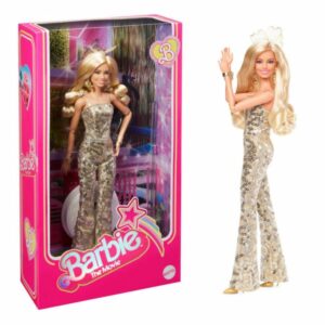 Muñeca coleccionable de Barbie la película, Margot Robbie como Barbie en mono de discoteca dorado