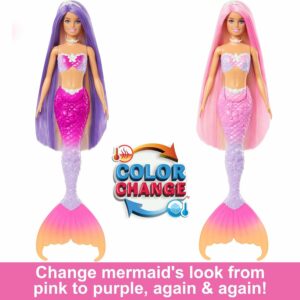 Barbie Mermaid Doll, “Malibu” con Pelo Rosa, Accesorios de Estilo, Delfín para Mascotas y Característica de Cambio de Color Activado por Agua