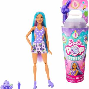 Barbie Muñeca Pop Reveal y accesorios, aroma a uva con cabello morado, 8 sorpresas incluyen slime, cambio de color y cachorro