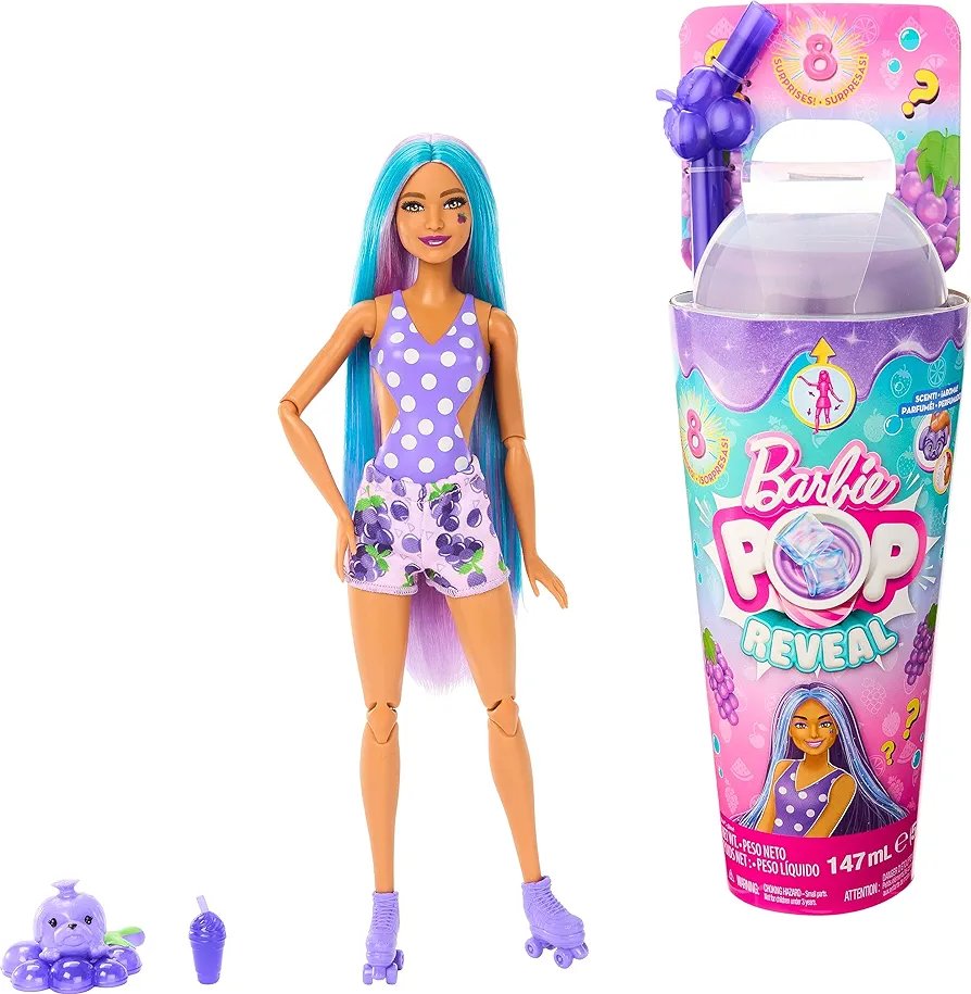 Barbie Muneca Pop Reveal y accesorios aroma a uva con cabello morado 8 sorpresas incluyen slime cambio de color y cachorro