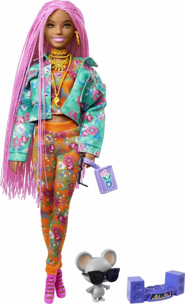 Muñeca de moda extra Barbie con trenzas largas y rosadas en chaqueta floral verde azulado con accesorios y mascota - Imagen 4
