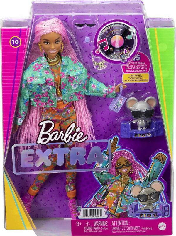 Muñeca de moda extra Barbie con trenzas largas y rosadas en chaqueta floral verde azulado con accesorios y mascota - Imagen 5