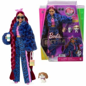 Barbie Extra Doll Barbie Fancy Dolls 17 # con trenzas de color burdeos y accesorios para mascotas, chaqueta peluda, juguetes, regalos para niños
