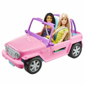 Barbie y su amiga en el coche Dos muñecas con vehículo todoterreno rosa de juguete