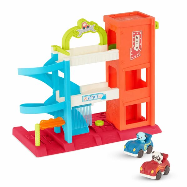 B. toys – Garaje de Bingo- Juego de vehículos Garaje con rampa en espiral - Elevador de trabajo con 2 autos de juguete.