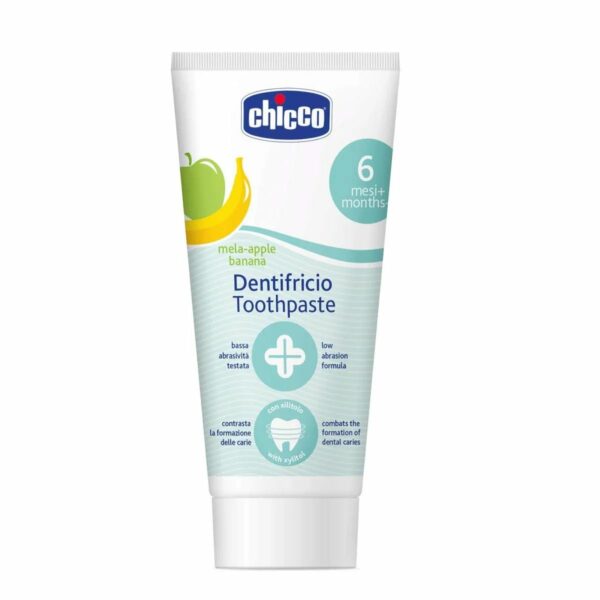Chicco Pasta Dental para Bebé +6 Meses, Sabor Manzana - Plátano, Sin Flúor 50 ML Pasta Tubo