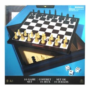 set de 10 juegos clásicos de mesa de la marca Spin Master Games. Este set incluye juegos populares como ajedrez, damas, backgammon, mancala, damas chinas y otros. Viene en una caja de madera y es adecuado para niños y adultos. 
Este set de juegos es ideal para el entretenimiento familiar y ofrece una variedad de opciones para todos los gustos.