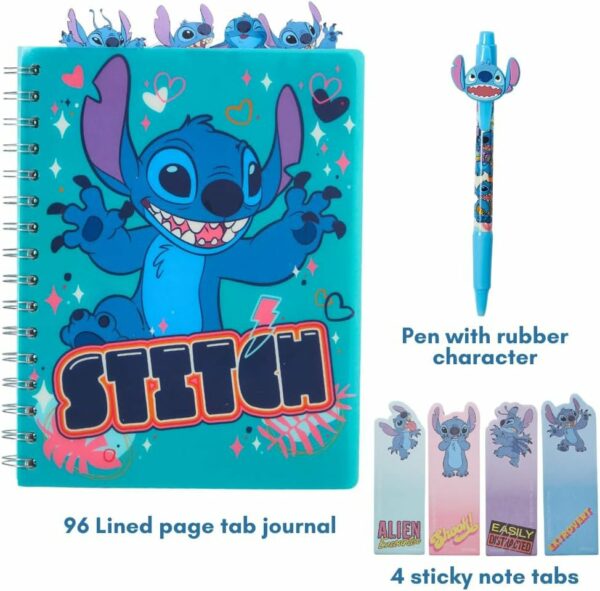 set de papelería de Stitch, que incluye un cuaderno de 50 hojas, un bolígrafo, y pestañas adhesivas