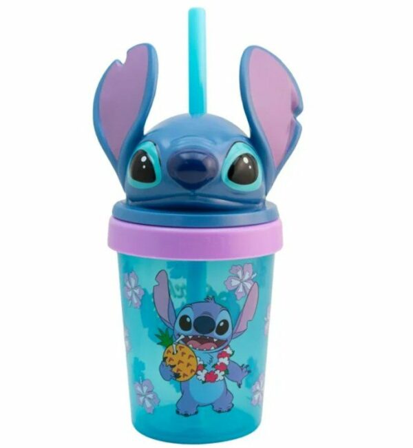 Stitch Vaso De Plástico con Tapa Figura 3D Y Popote Disney Capacidad 384ml