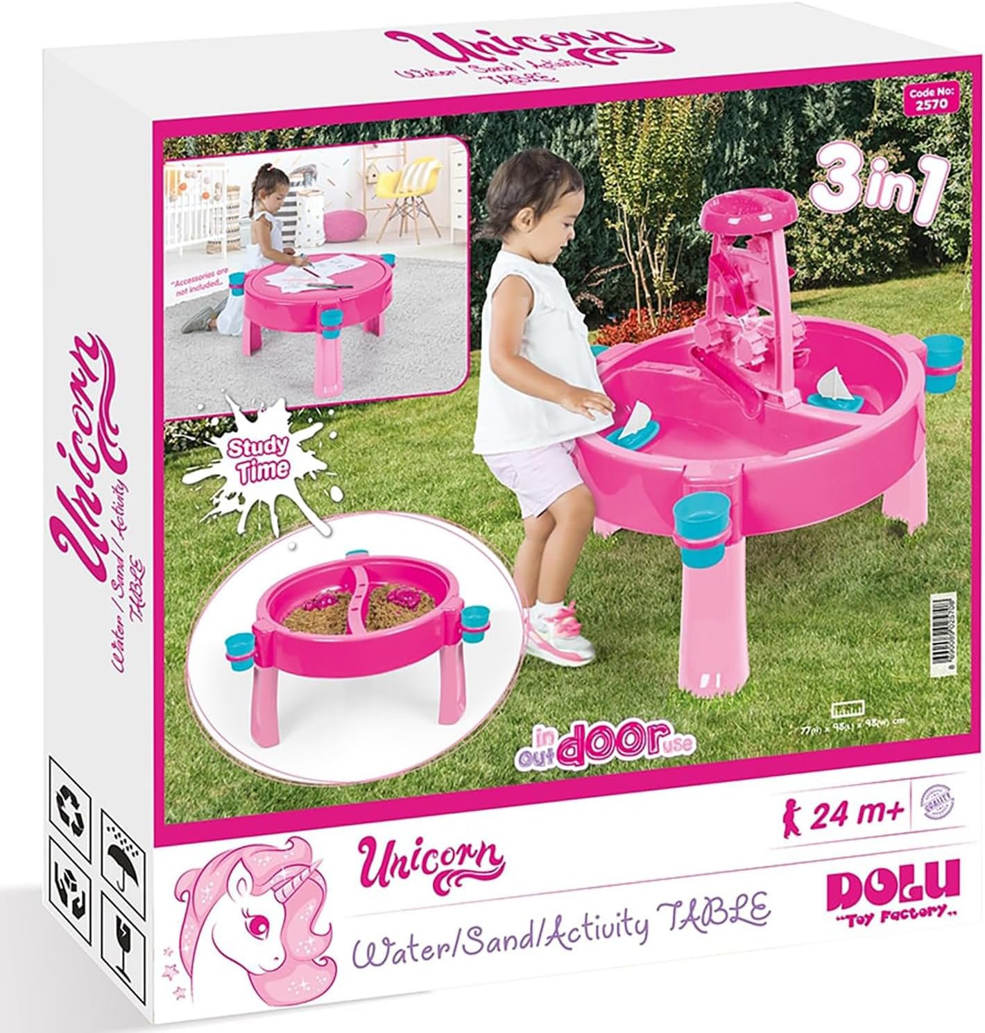 DOLU: Mesa de actividades 3 en 1 para agua y arena, unicornio, rosa, azul, se convierte en mesa creativa con tapa, juguete sensorial para interiores y exteriores, niños pequeños a partir de 2 años - Imagen 3