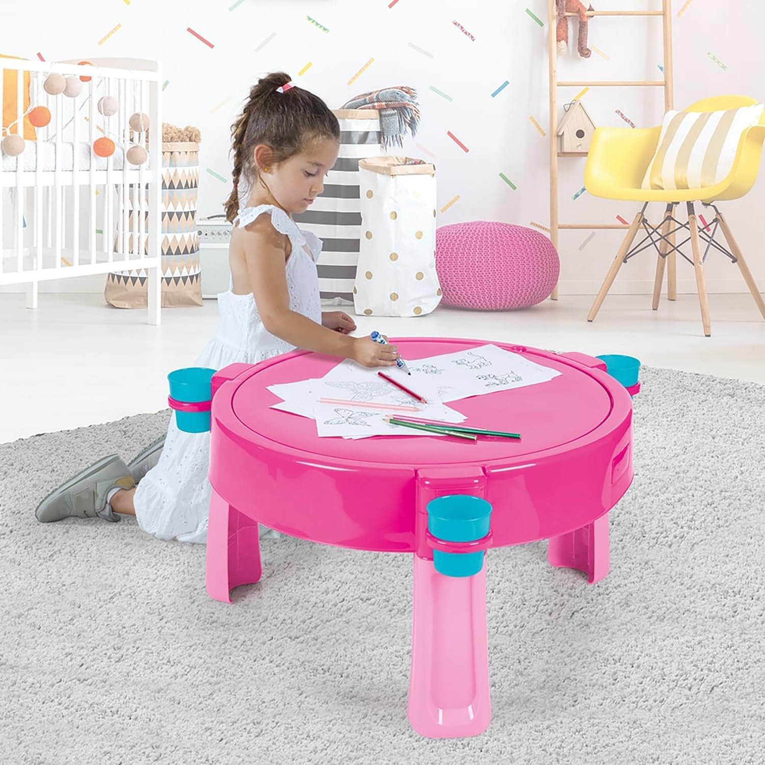 DOLU: Mesa de actividades 3 en 1 para agua y arena, unicornio, rosa, azul, se convierte en mesa creativa con tapa, juguete sensorial para interiores y exteriores, niños pequeños a partir de 2 años - Imagen 8