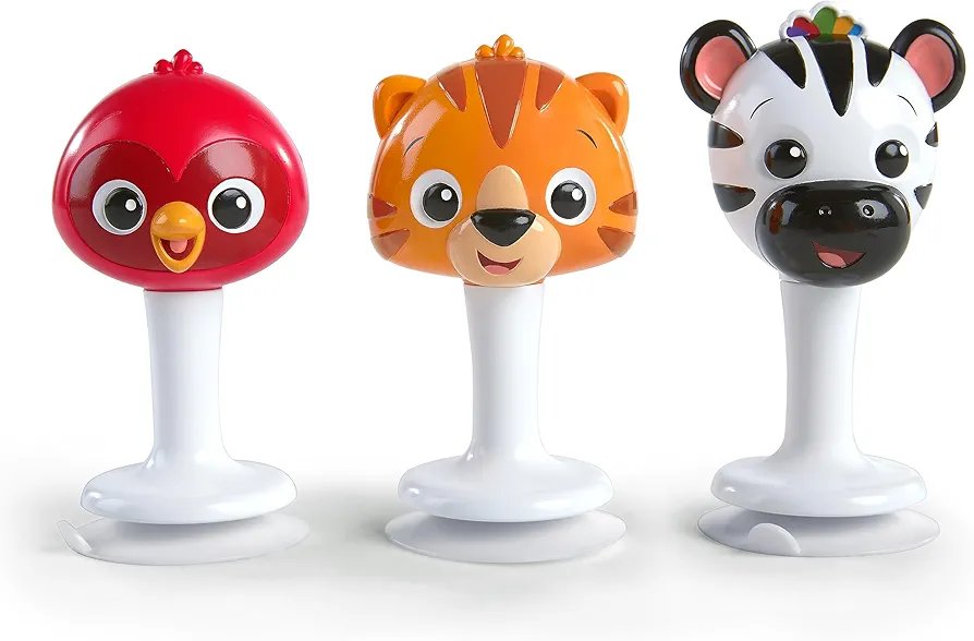Baby Einstein Rattle & Jingle Trio - Juego de sonajeros musicales para llevar para silla alta a partir de 6 meses, multicolor, 3 unidades
