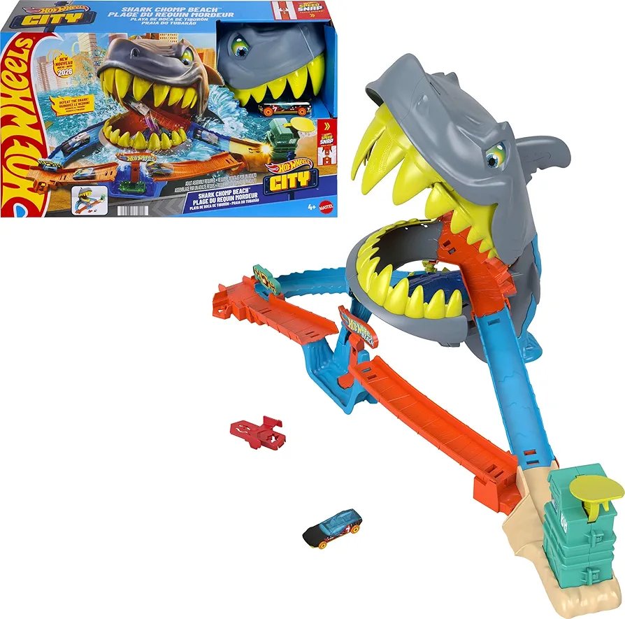 Hot Wheels Juego de pista de coche de juguete, juego de playa City Shark Chomp con vehículo fundido a escala 1:64