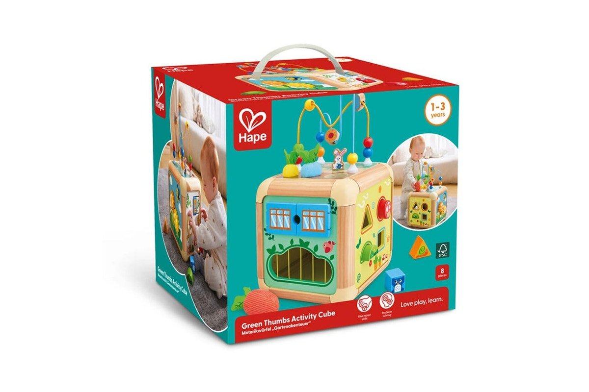 Cubo de actividades de Hape con forma de zanahoria, juguete educativo de madera con temática de la naturaleza